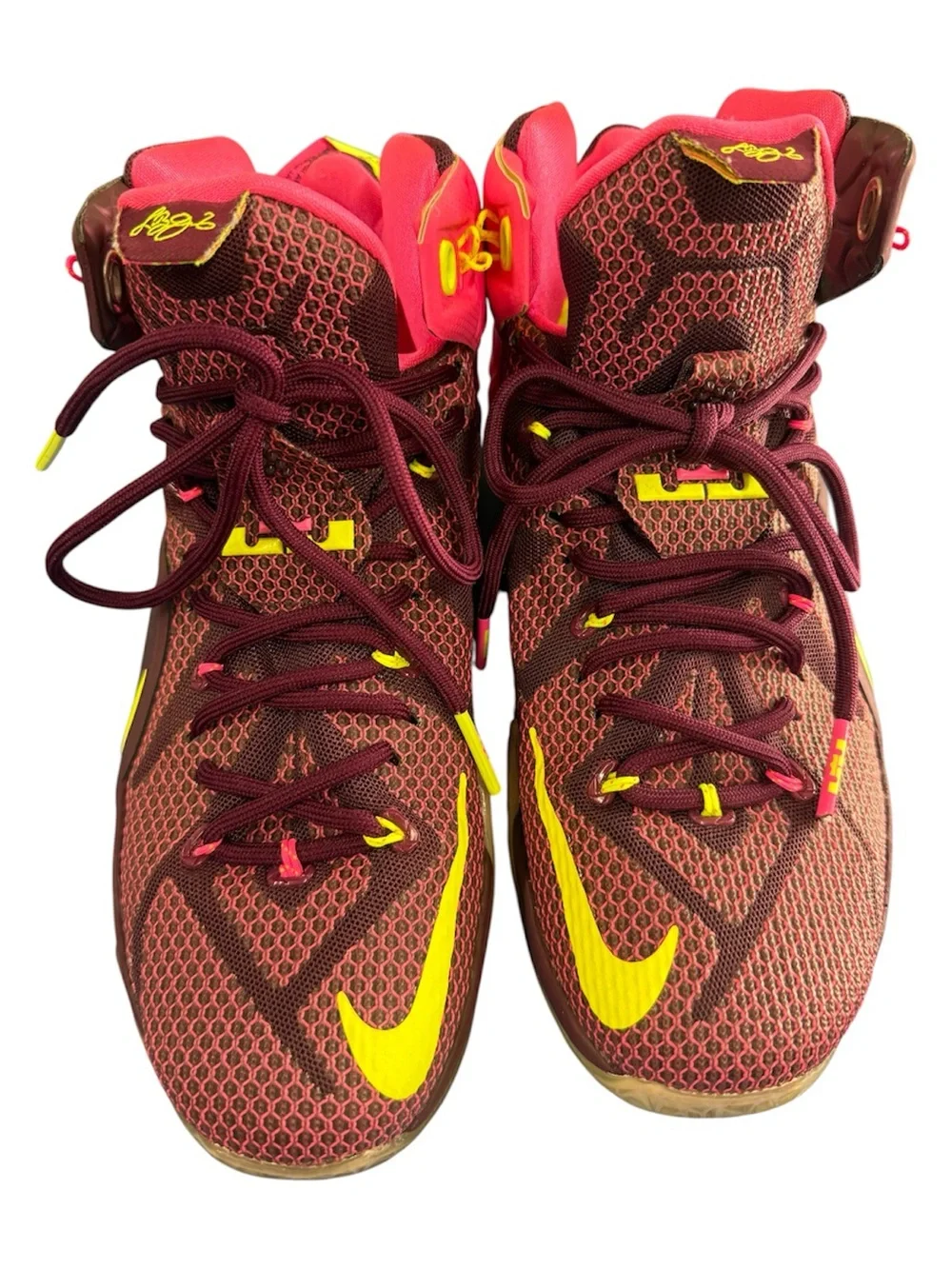 Nike LeBron Maroon and Bright Yellow High-Top Basketball Sneakers Size 9